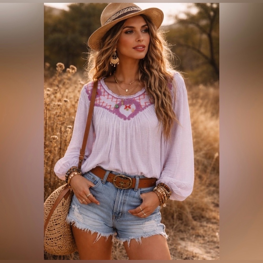 Free People Begonia Embroidered Bohemian Top in Lilac